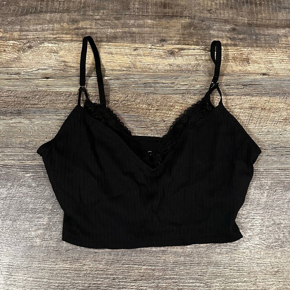 Aerie Women's Black Lace Ribbed V- Neck Real Good Bralette Bra Size Large NWT